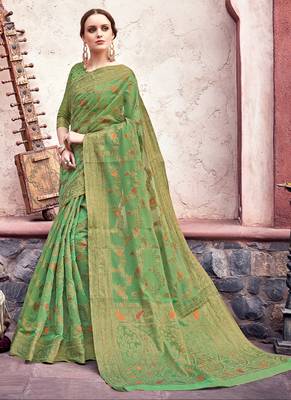 Green Woven Cotton Saree With Blouse 1