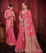 Pink woven art silk saree with blouse