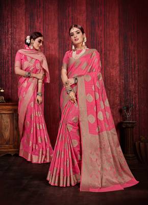 Pink woven art silk saree with blouse 2