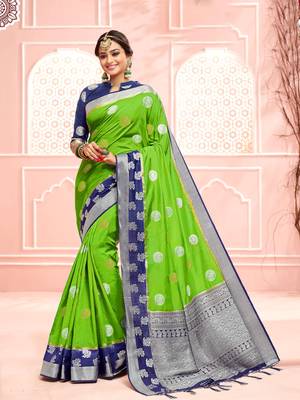 Light green woven art silk saree with blouse 1