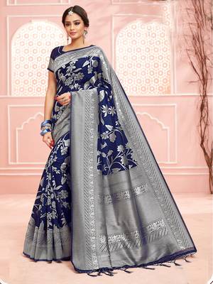 Blue woven art silk saree with blouse 1