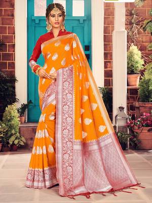 Orange woven art silk saree with blouse 1