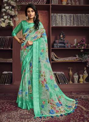 Sea green woven cotton saree with blouse 1