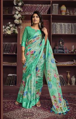 Sea green woven cotton saree with blouse 2