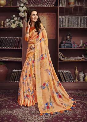 Orange woven cotton saree with blouse 1