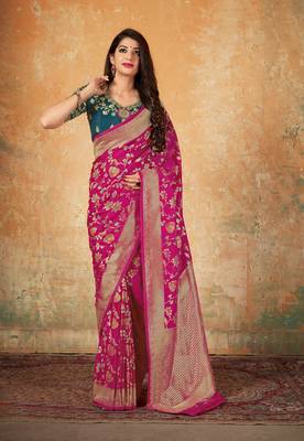 Pink woven banarasi silk saree with blouse 1