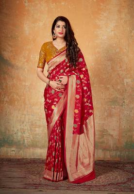 Red woven banarasi silk saree with blouse 1