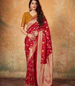 Red woven banarasi silk saree with blouse