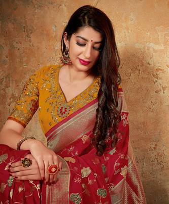 Red woven banarasi silk saree with blouse 2