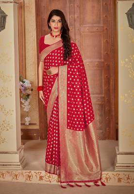 Red woven banarasi silk saree with blouse 2