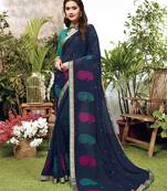 Navy blue woven art silk saree with blouse