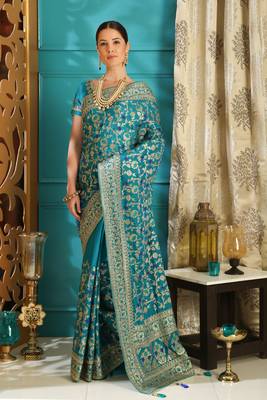Teal embroidered silk saree with blouse 1