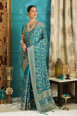 Teal embroidered silk saree with blouse 2