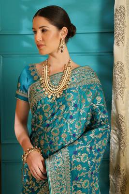 Teal embroidered silk saree with blouse 3