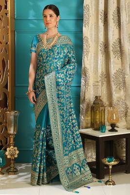 Teal embroidered silk saree with blouse 4