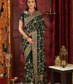 Dark Green Embroidered Silk Saree With Blouse