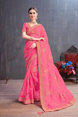 Pink embroidered organza saree with blouse 1