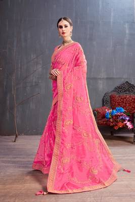 Pink embroidered organza saree with blouse 2