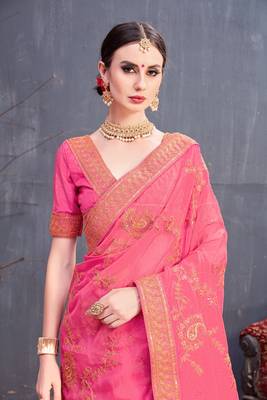 Pink embroidered organza saree with blouse 3