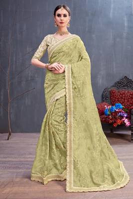 Olive embroidered organza saree with blouse 1