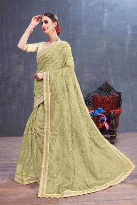 Olive embroidered organza saree with blouse 2