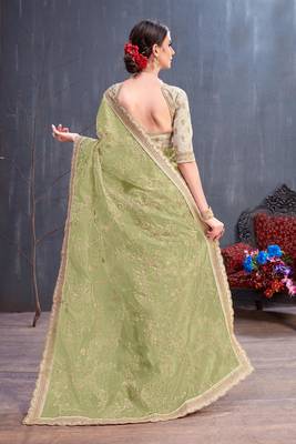 Olive embroidered organza saree with blouse 3