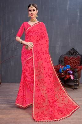 Red Embroidered Organza Saree With Blouse 1