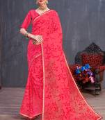 Red Embroidered Organza Saree With Blouse