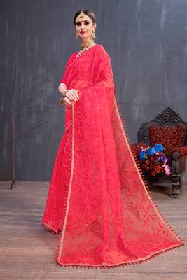 Red Embroidered Organza Saree With Blouse 2