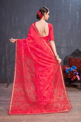 Red Embroidered Organza Saree With Blouse 3