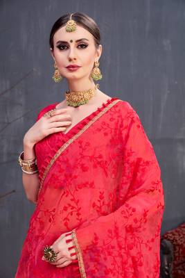 Red Embroidered Organza Saree With Blouse 4