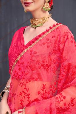 Red Embroidered Organza Saree With Blouse 5