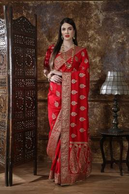 Red Embroidered Silk Saree With Blouse 1