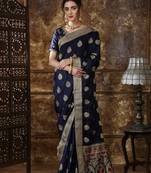 Navy Blue Embroidered Silk Saree With Blouse
