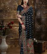 Navy Blue Embroidered Silk Saree With Blouse