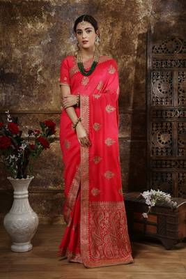 Dark Pink Embroidered Silk Saree With Blouse 1