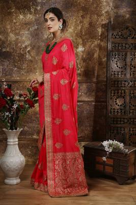 Dark Pink Embroidered Silk Saree With Blouse 3