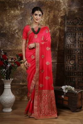Dark Pink Embroidered Silk Saree With Blouse 4