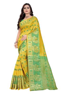 Yellow Woven Cotton Silk Saree With Blouse 1
