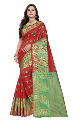 Red Woven Cotton Silk Saree With Blouse 1