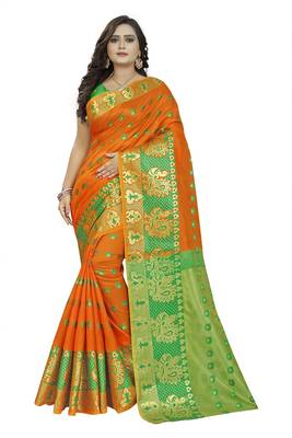 Orange Woven Cotton Silk Saree With Blouse 1