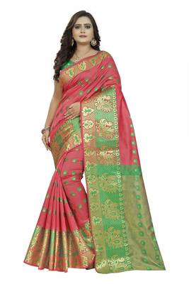 Pink Woven Cotton Silk Saree With Blouse 1