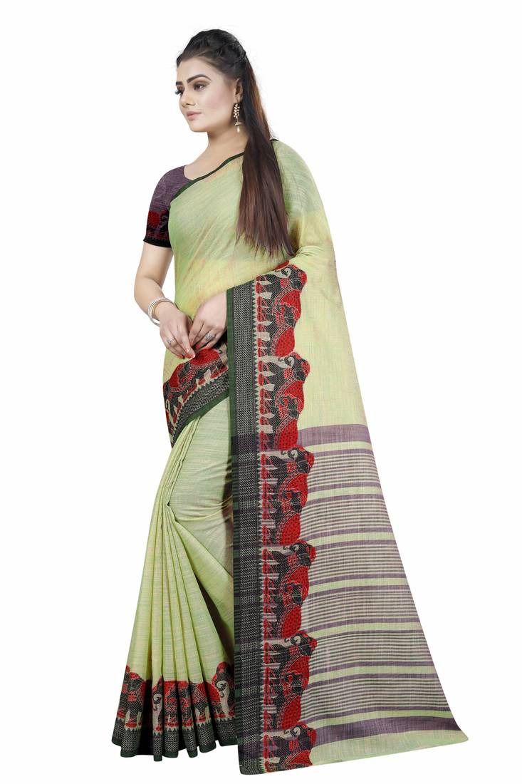 Light Green Linen Gala Jacquard Border Saree With Blouse