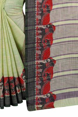 Light Green Linen Gala Jacquard Border Saree With Blouse 4