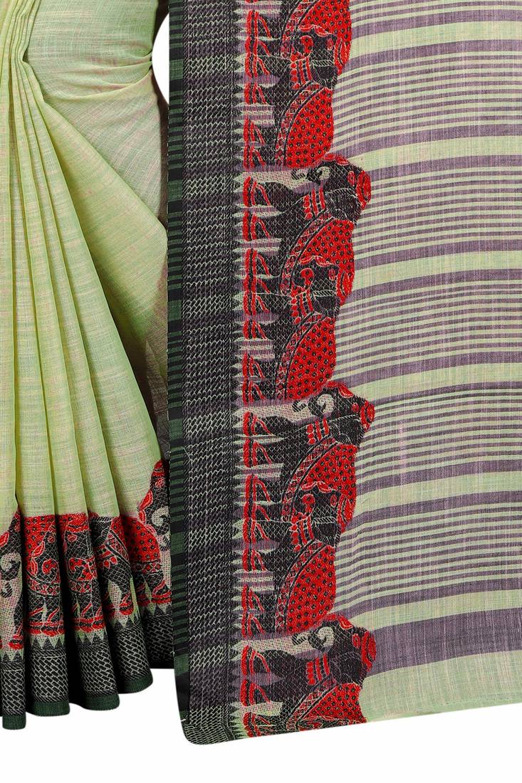 Light Green Linen Gala Jacquard Border Saree With Blouse