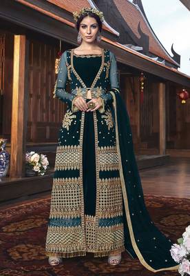 Dark-turquoise embroidered net salwar 1