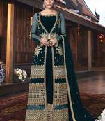 Dark-turquoise embroidered net salwar