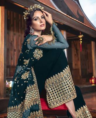 Dark-turquoise embroidered net salwar 2