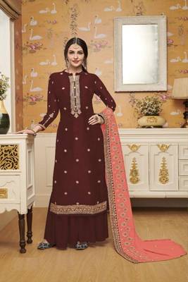 Maroon Crep Silk Embroider Stone Palazzo Semi Suit For Festival 1