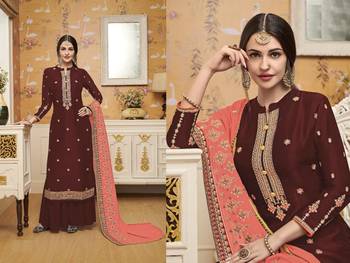 Maroon Crep Silk Embroider Stone Palazzo Semi Suit For Festival 2